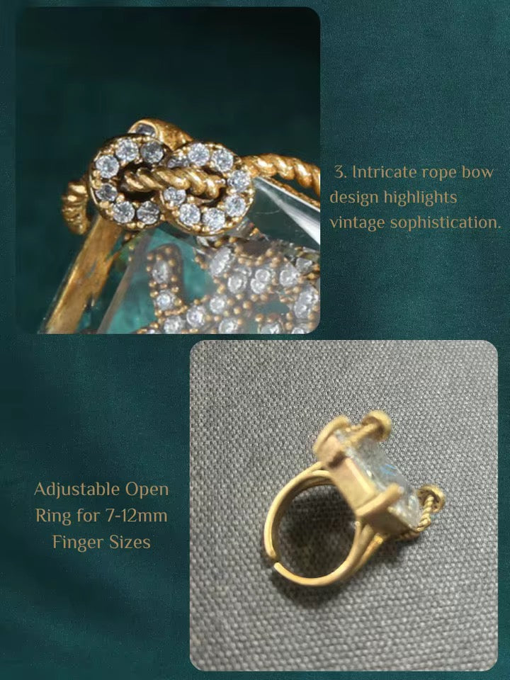 Vintage Inspired Emerald Cut Crystal Ring | Adjustable Gold Plated Brass Cocktail Ring for Women