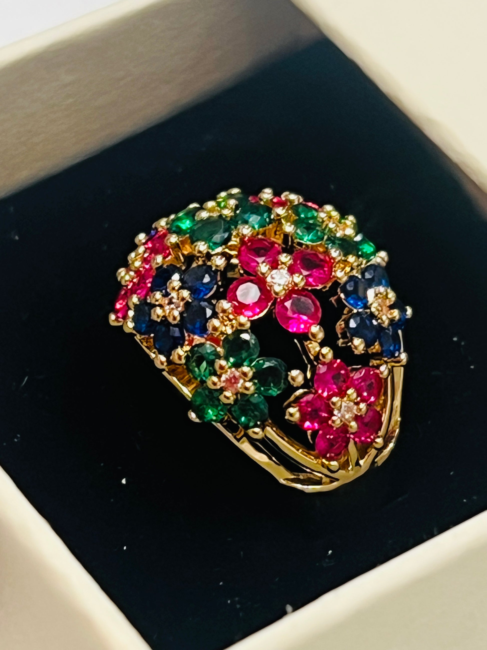 Vintage Inspired Gold Filled Floral Cluster Ring – Ruby Emerald Sapphire Multicolor Gemstone Ring