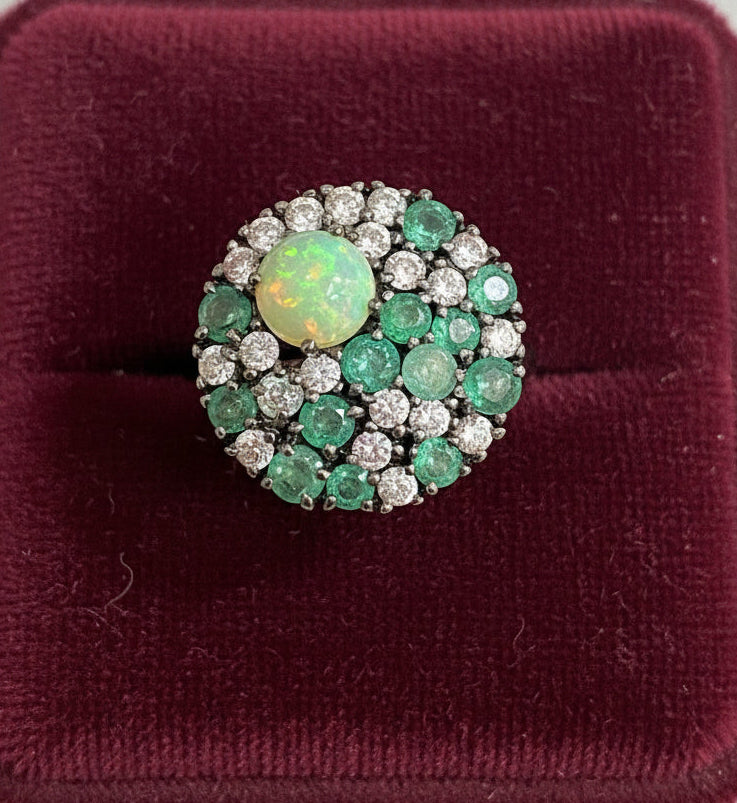 Handmade Opal, Emerald & White Topaz Ring and Earrings Set