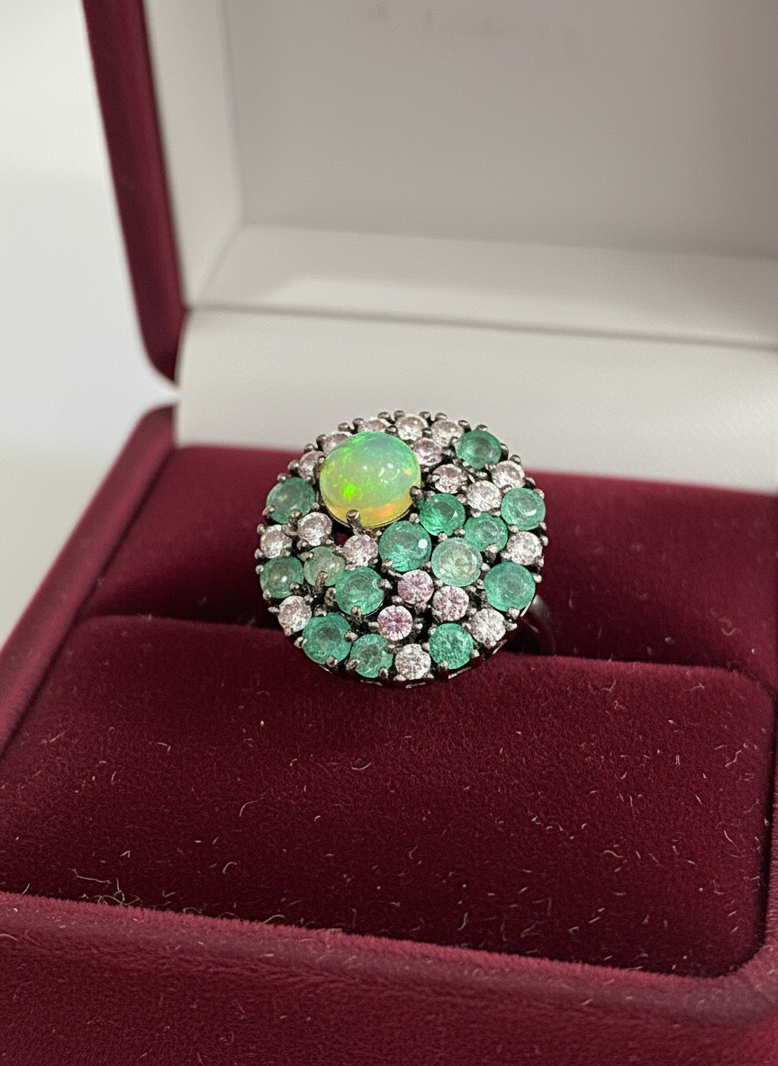 Handmade Opal, Emerald & White Topaz Ring and Earrings Set