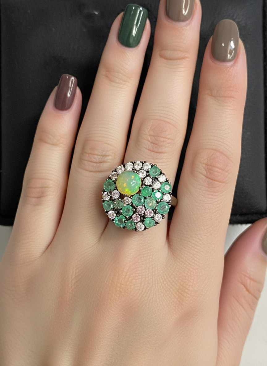 Handmade Opal, Emerald & White Topaz Ring and Earrings Set