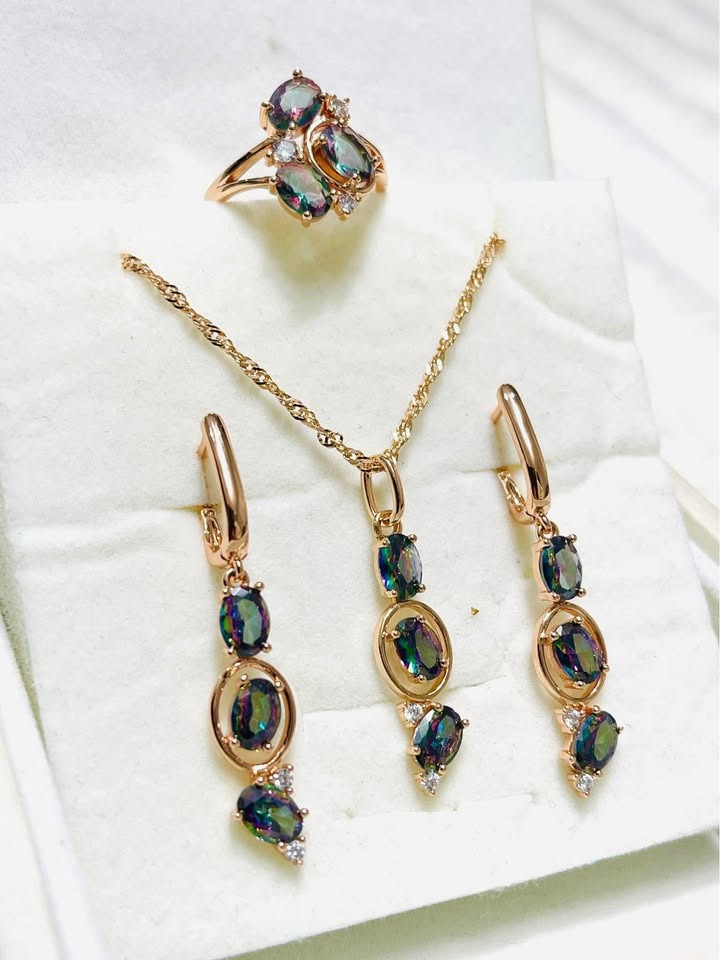 Elegant mystic topaz and rose gold jewelry set, perfect for special occasions, displayed in pristine packaging.