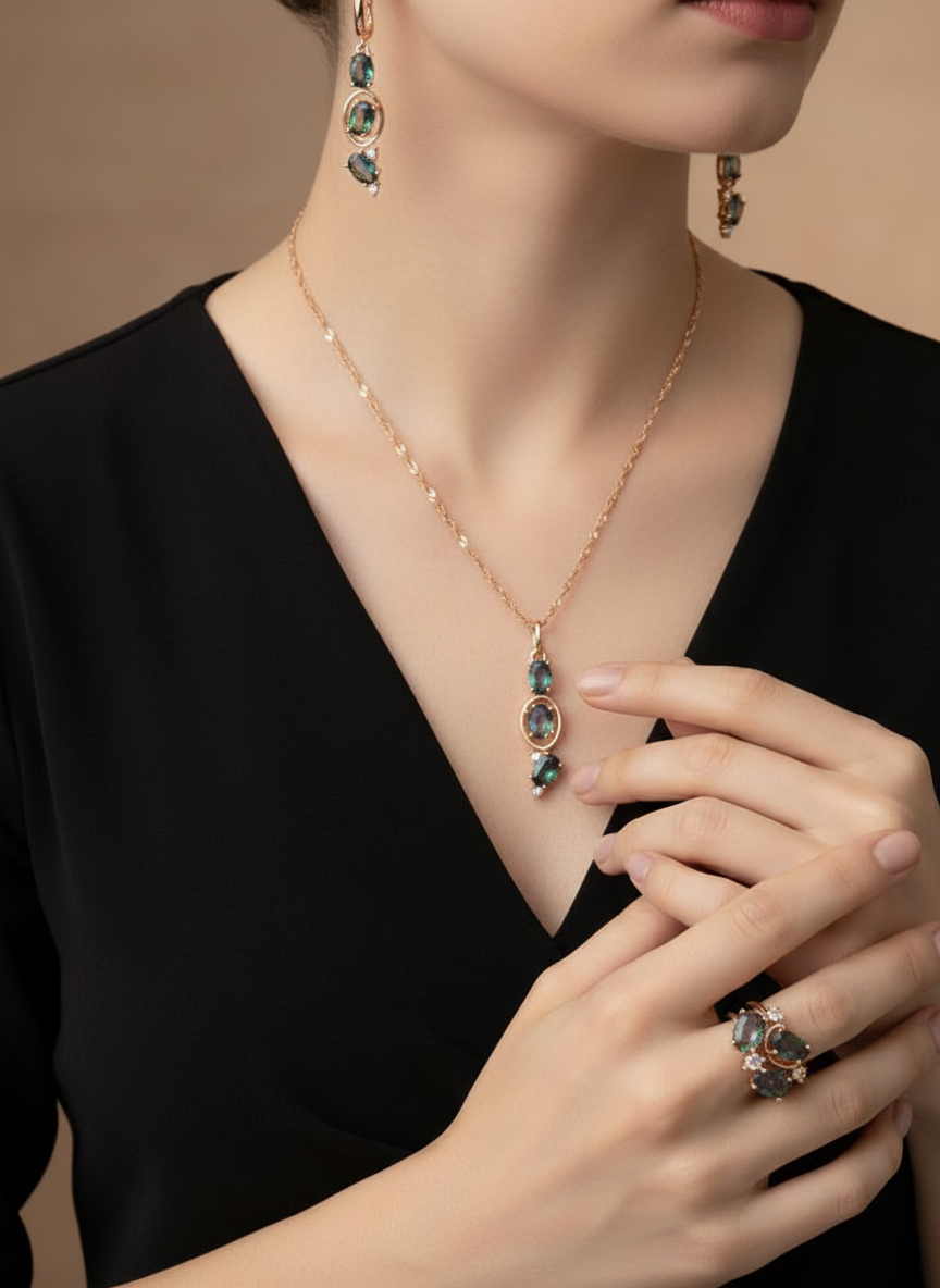 3pcs: Mystic Topaz Three-Stone Jewelry Set — 14K Rolled Gold (585 RG)