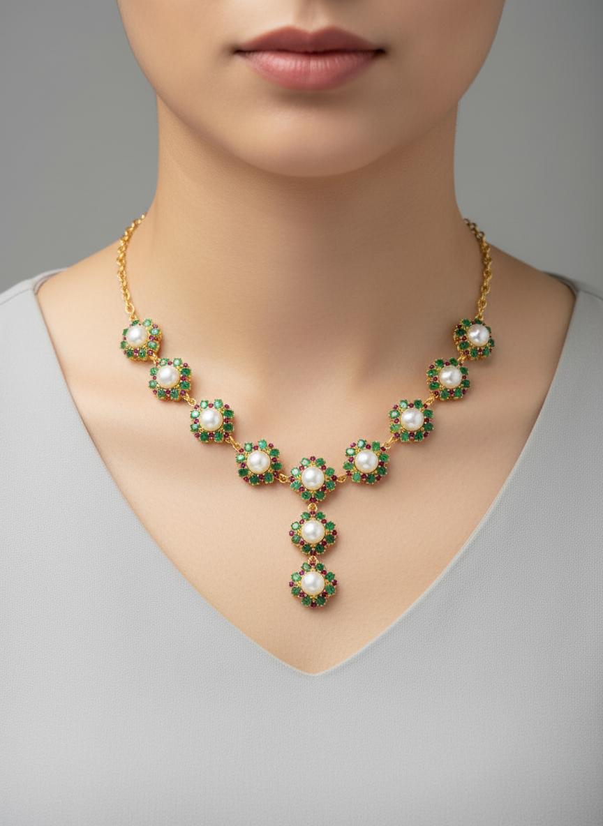 Majestic Colombian Emerald and Ruby south sea pearls Necklace