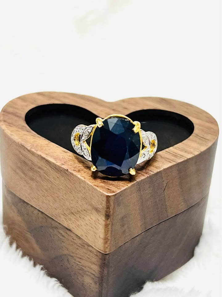 Luxurious 6 CTW sapphire and natural diamond ring in genuine sterling silver, displayed in a wooden box.