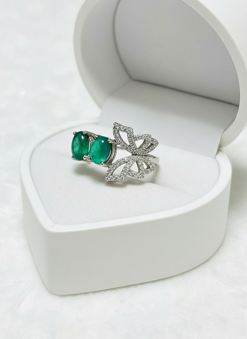 Natural Emerald butterfly nature inspired sterling silver ring
