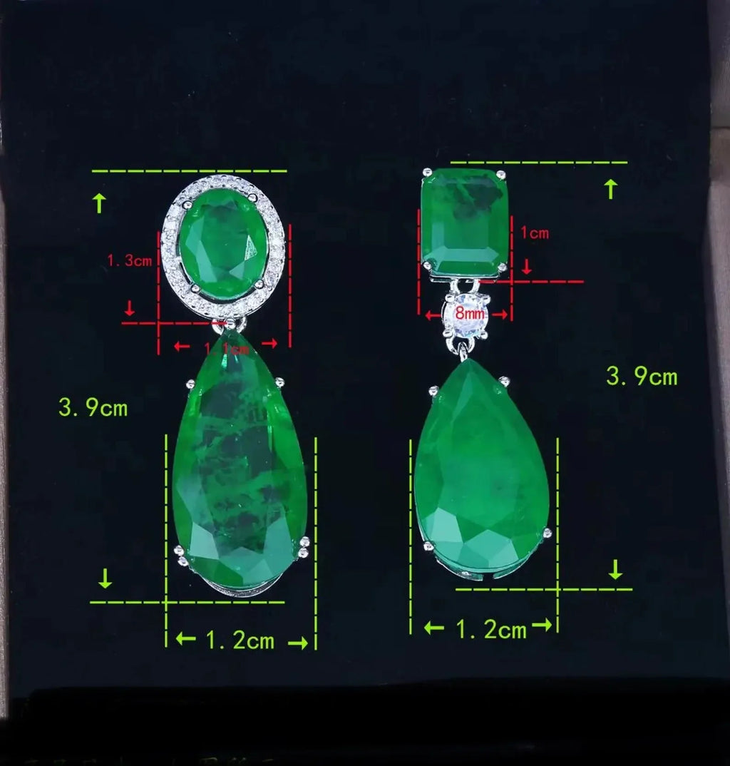 Detailed size chart for emerald doublet earrings, showing precise dimensions for both oval and rectangular tops.