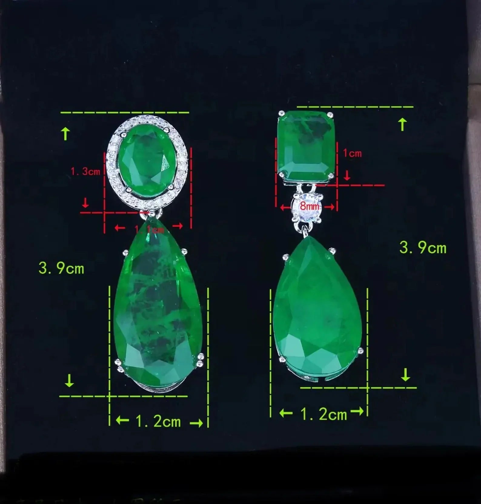 Detailed size chart for emerald doublet earrings, showing precise dimensions for both oval and rectangular tops.