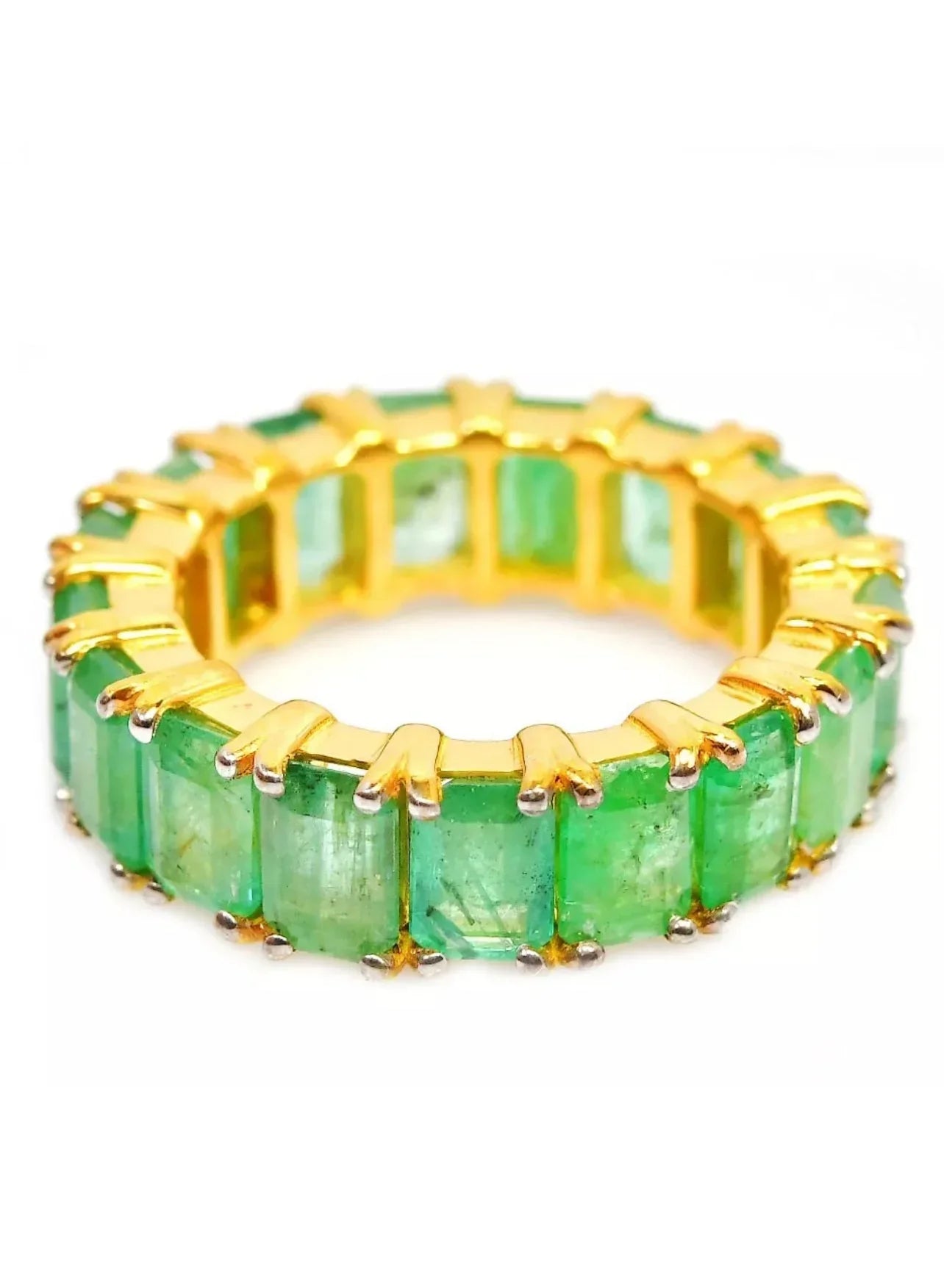 Front view of a vibrant emerald eternity band in 18K gold vermeil over sterling silver.