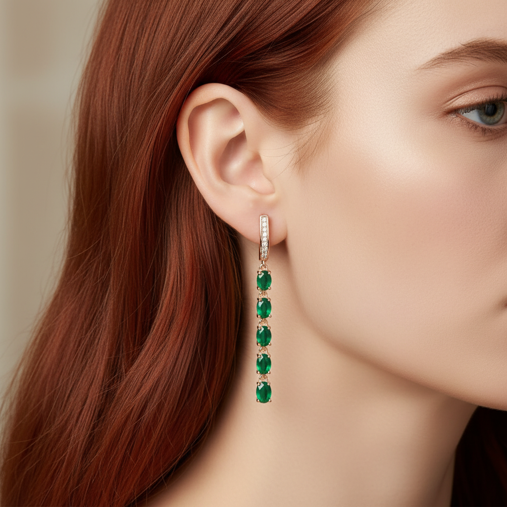 14K Rolled Gold Emerald Long Earrings