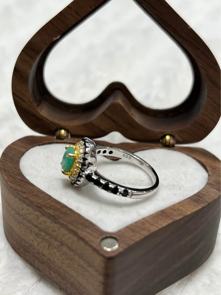 Back of genuine emerald and spinel ring, showing 925 sterling silver hallmark and two-tone detail.