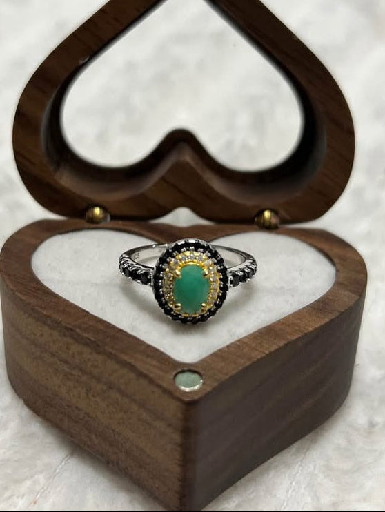 Elegant genuine emerald and spinel ring, two-toned gold and silver sterling silver band.