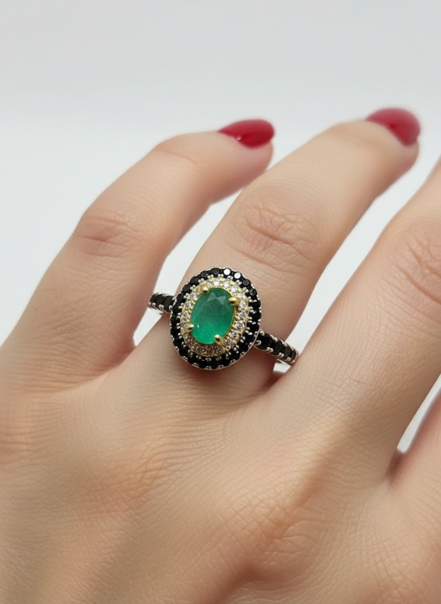 Handmade Two-Tone Emerald & Black Spinel Ring