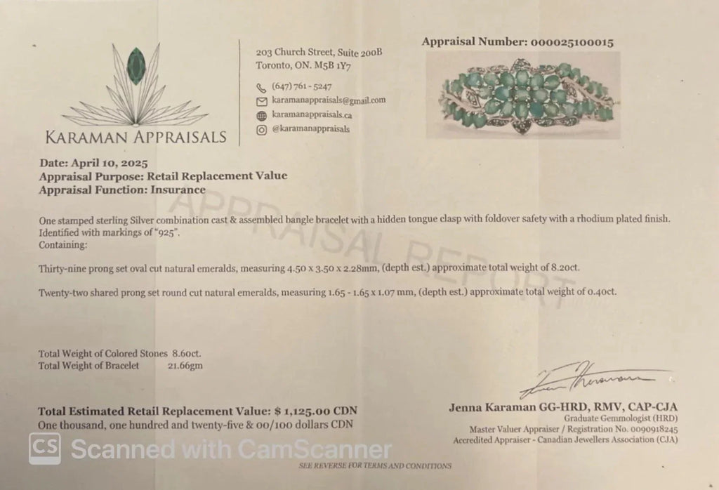 Karaman Appraisals certificate for an emerald and tanzanite sterling silver bangle, with replacement value