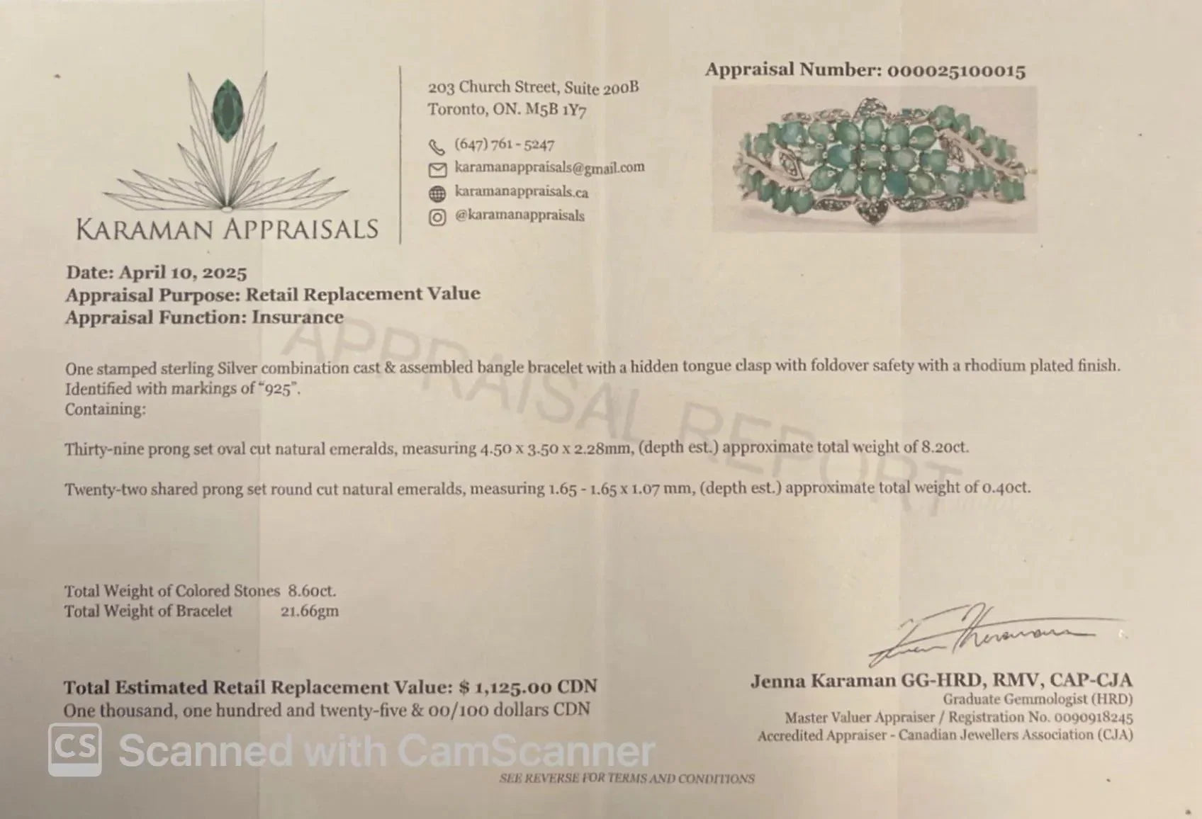 Karaman Appraisals certificate for an emerald and tanzanite sterling silver bangle, with replacement value