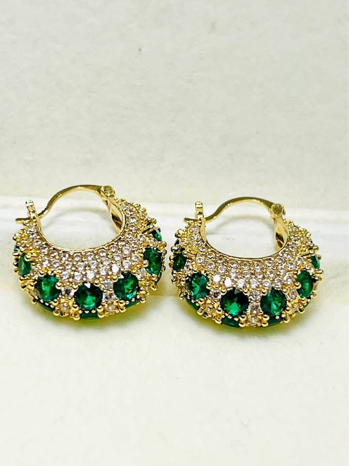 Pair of dazzling emerald green zircon and gold filled hoop earrings with clear pave accents.