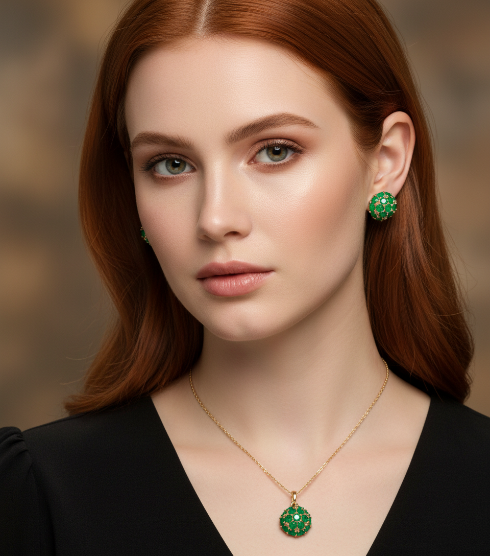 14k Rolled Gold Emerald Dome Earrings and Pendant Set