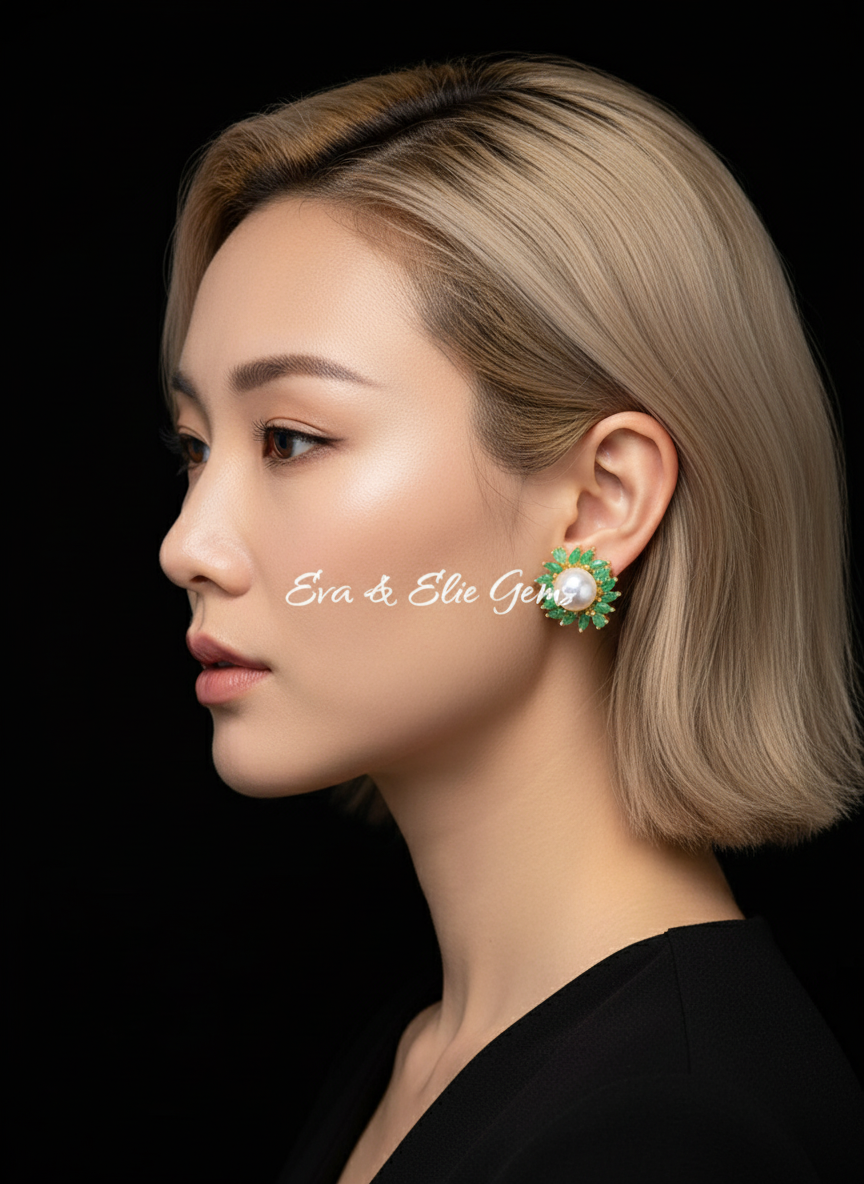 Natural Sterling Silver South Sea Pearl Emerald Earrings