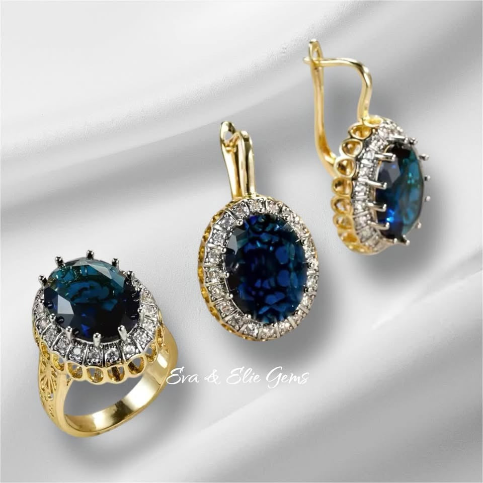 Luxurious blue sapphire and diamond halo ring and drop earrings from Eva & Elie Gems collection.