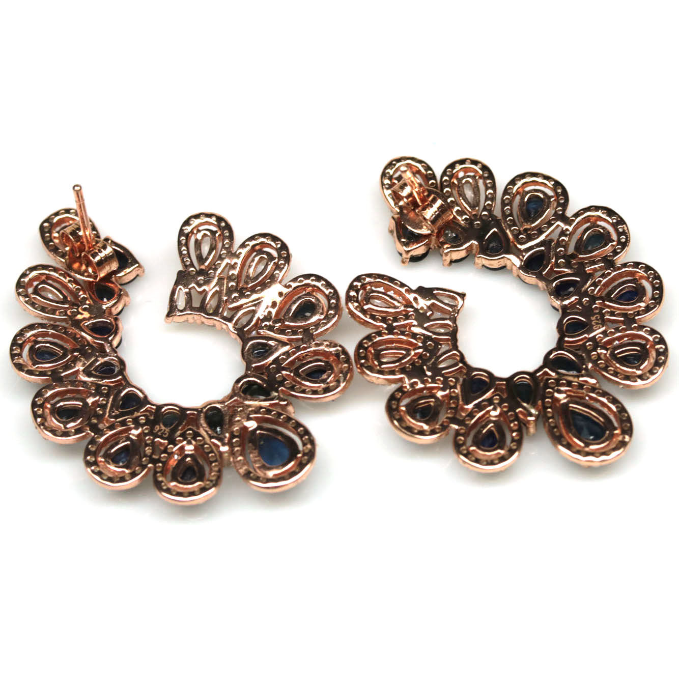 Handmade Natural Blue Sapphire Rose Gold Vermeil Hoop Earrings