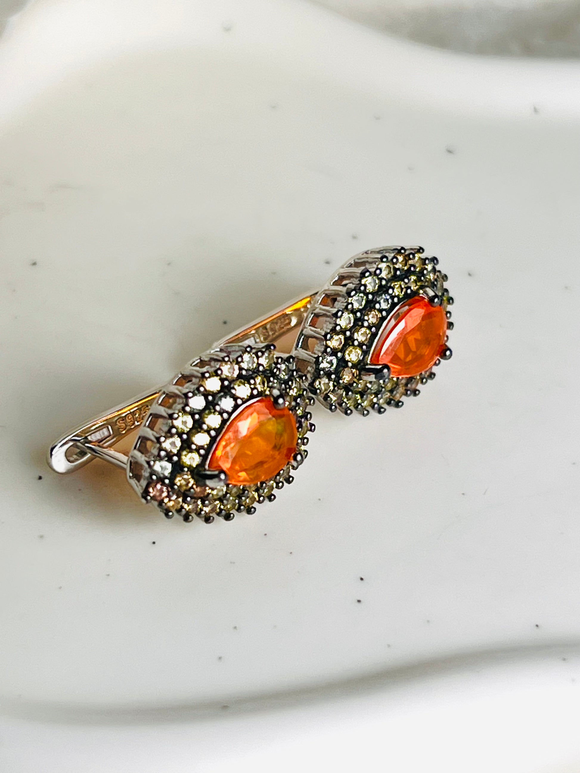 Handmade Orange Fire Opal and Colored Sapphires Earrings