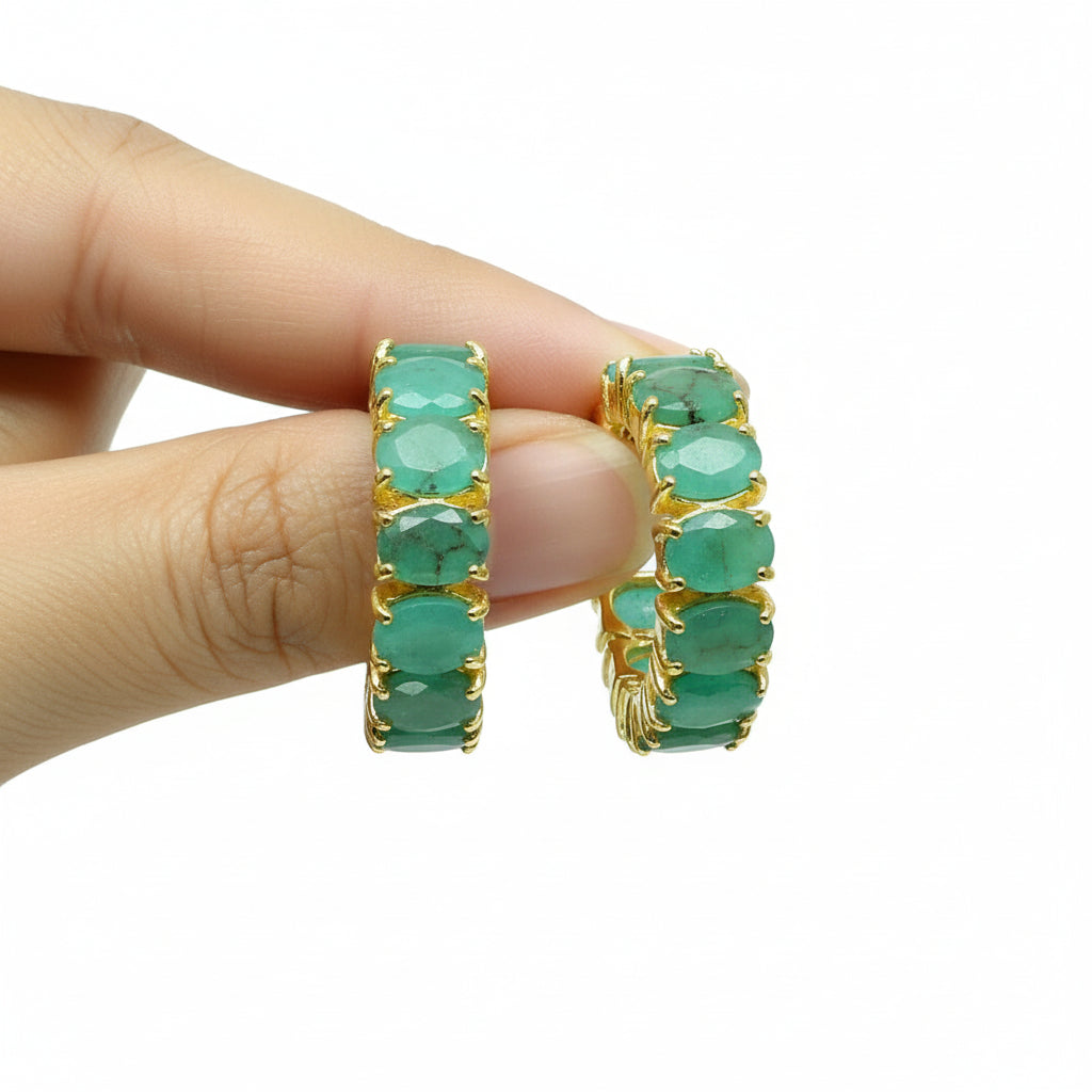 18 Karat Gold Vermeil Oval Zambian Emeralds Hoop Earrings