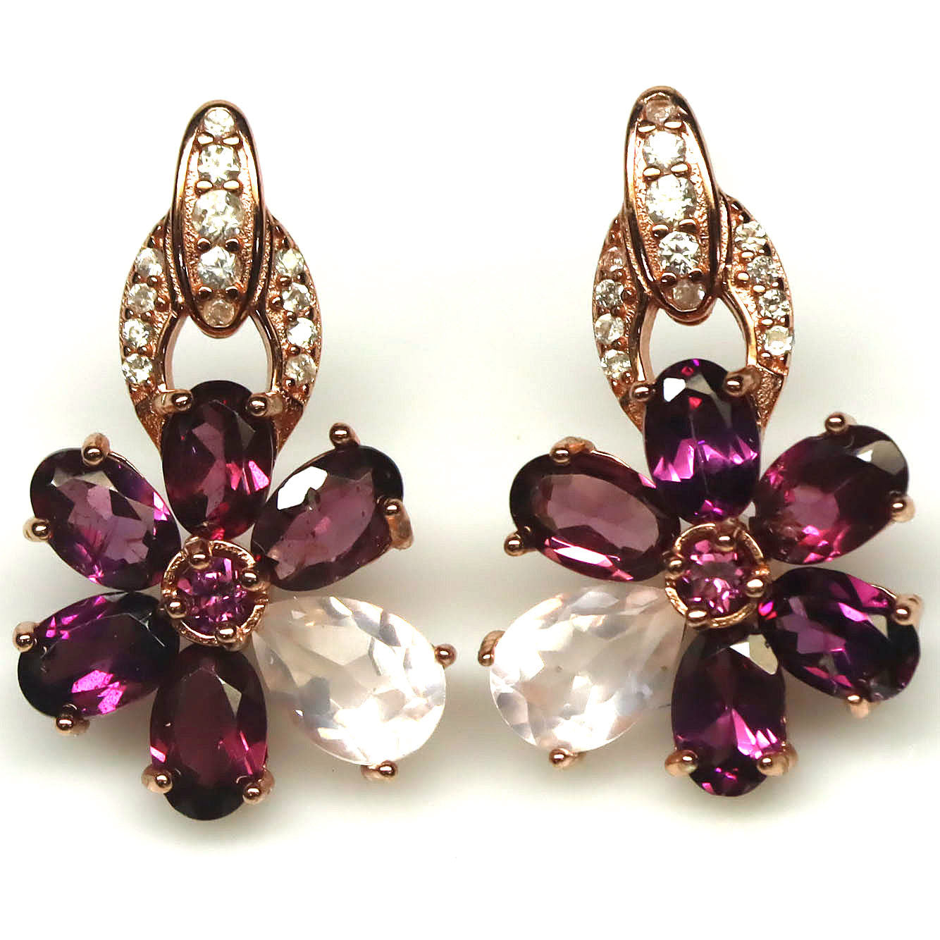 Handmade Purplish Red Rhodolite, Rose Quartz Earrings