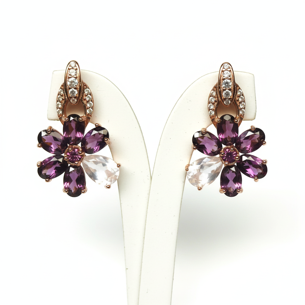 Handmade Purplish Red Rhodolite, Rose Quartz Earrings