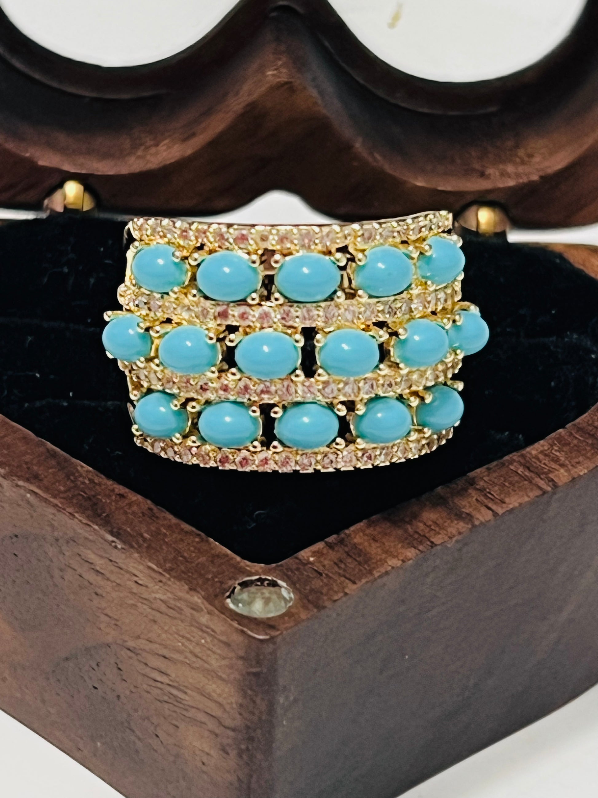 Gold Plated Turquoise & Zirconia Statement Ring – Bold Oval Cabochon Design