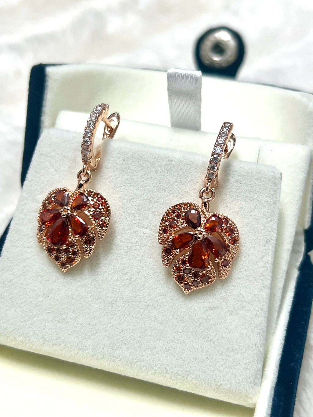 14K Rolled Gold Heart Maple Shaped Garnet Earrings