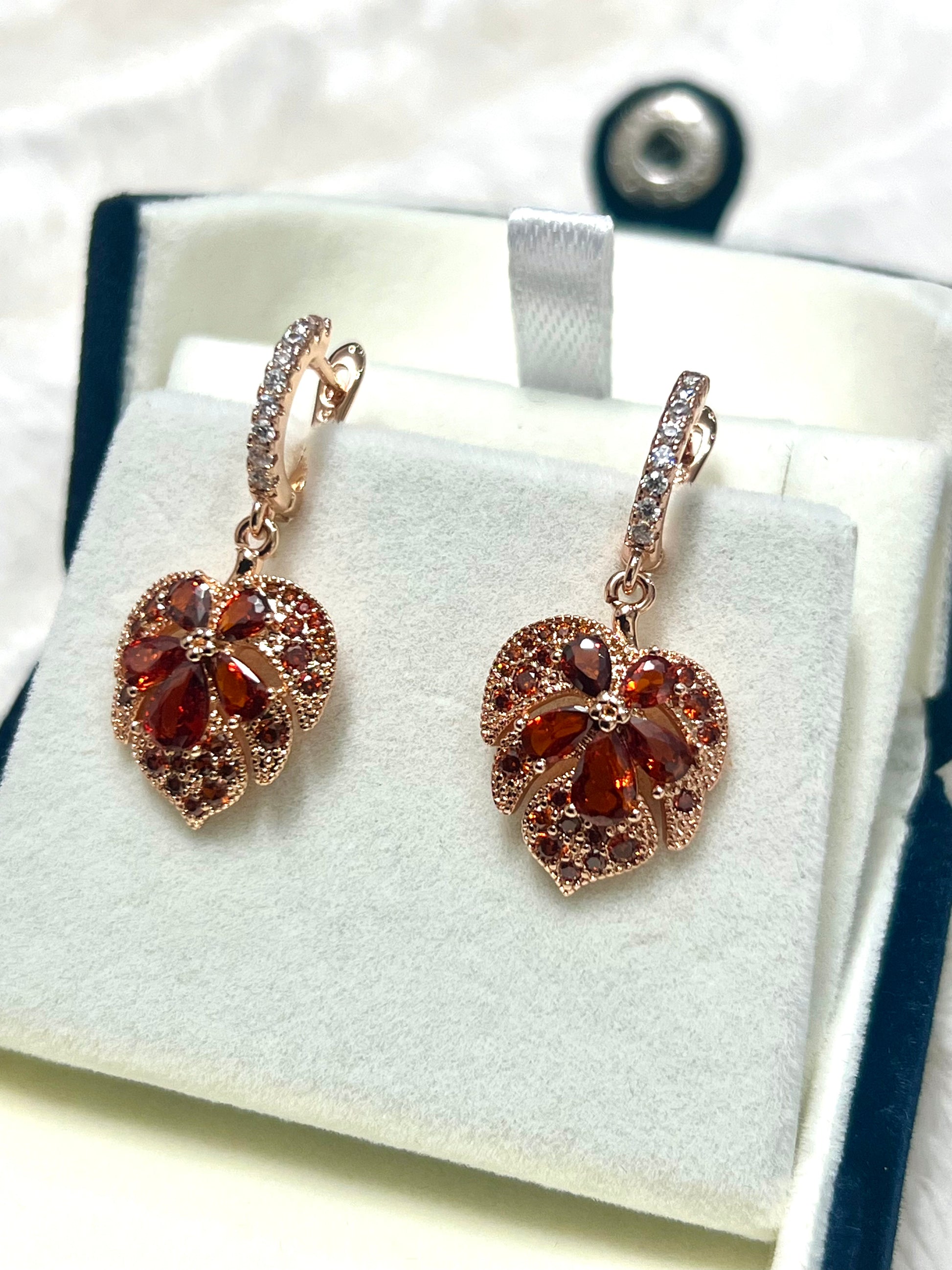 14K Rolled Gold Heart Maple Shaped Garnet Earrings
