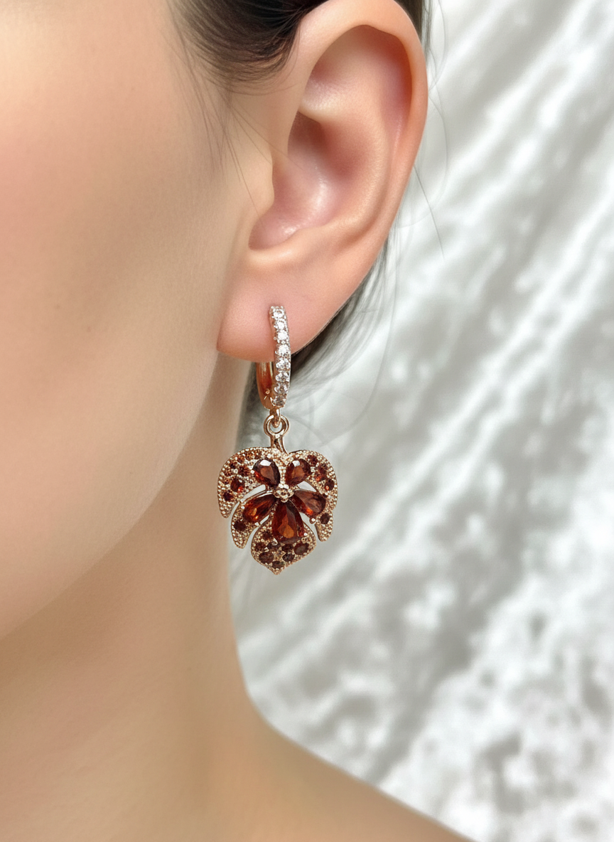 14K Rolled Gold Heart Maple Shaped Garnet Earrings