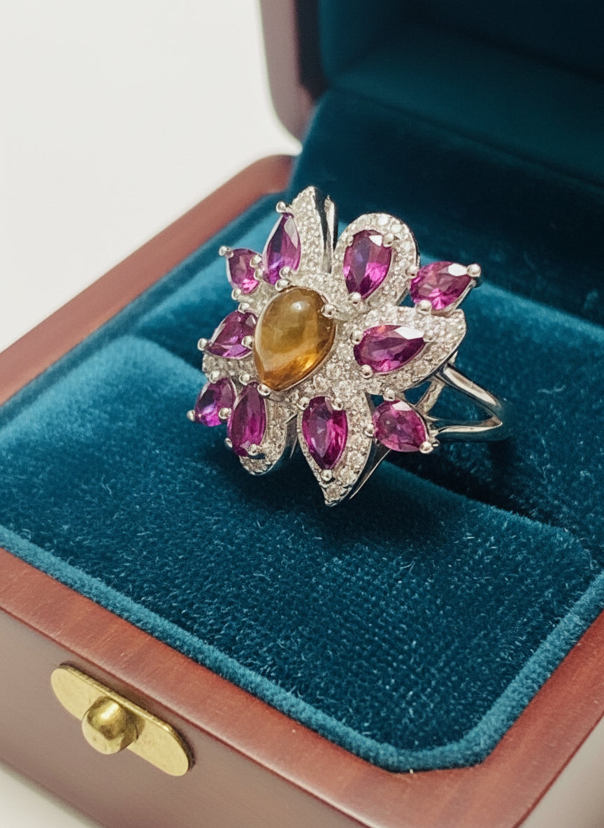 Handmade Rhodolite Garnet and Black Opal Ring