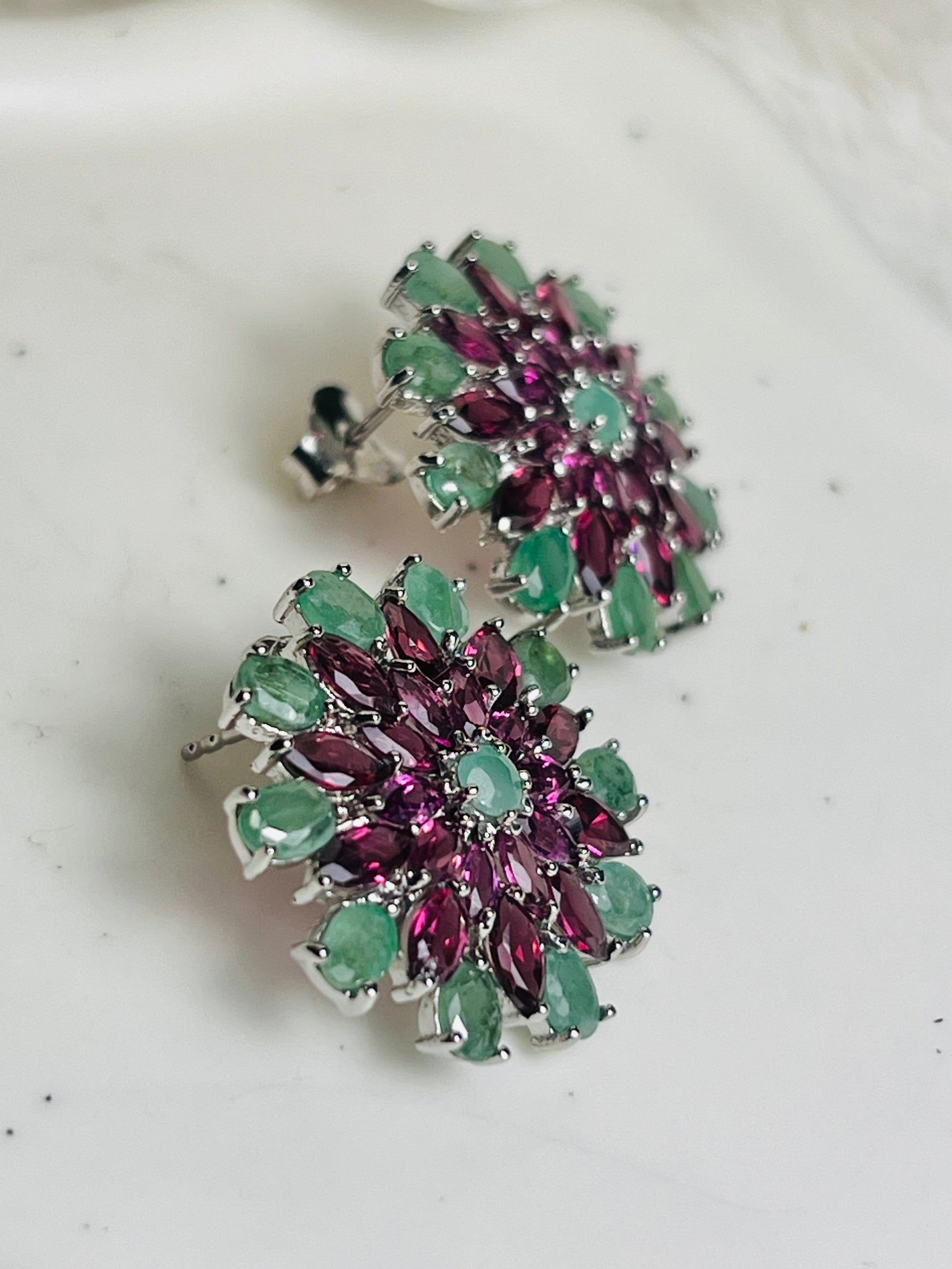 Handmade Emerald and Rhodolite garnet earrings- Sunburst Collection