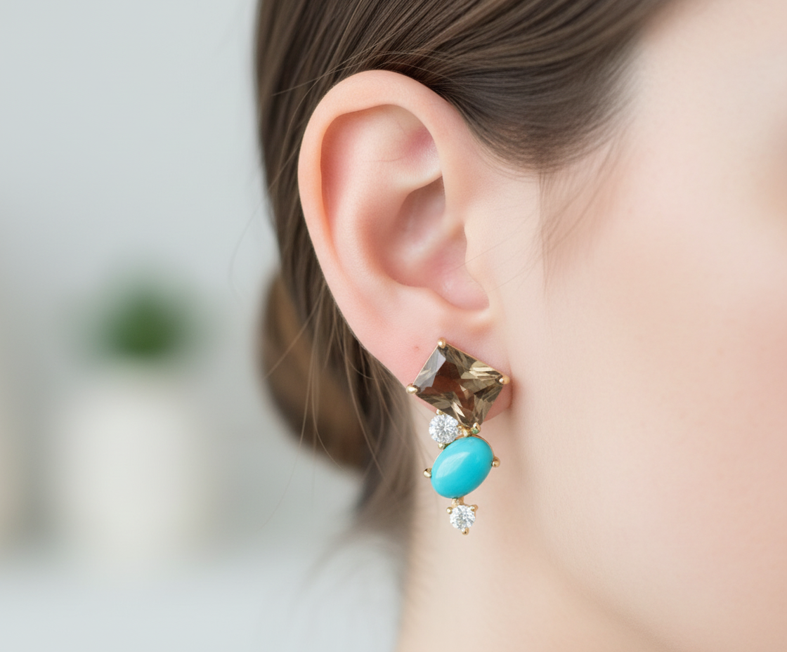 Handmade Smokey Quartz and Turquoise Earrings