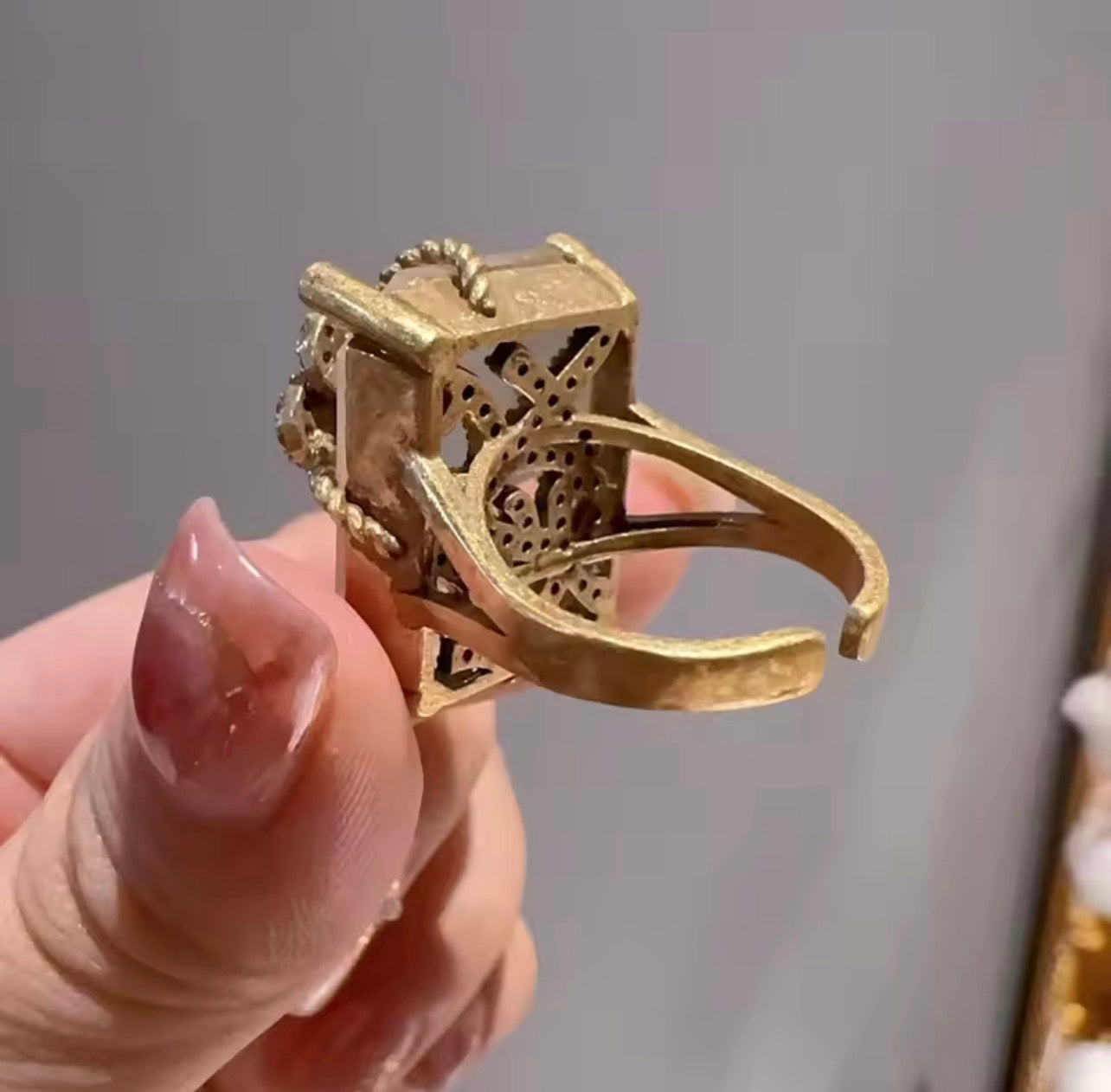 Vintage Inspired Emerald Cut Crystal Ring | Adjustable Gold Plated Brass Cocktail Ring for Women