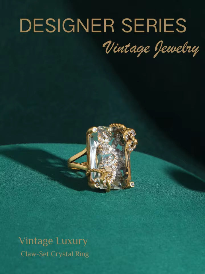 Vintage Inspired Emerald Cut Crystal Ring | Adjustable Gold Plated Brass Cocktail Ring for Women