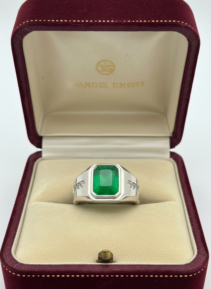 Handmade Emerald Ring (men’s) in Platinum Plated over 925S