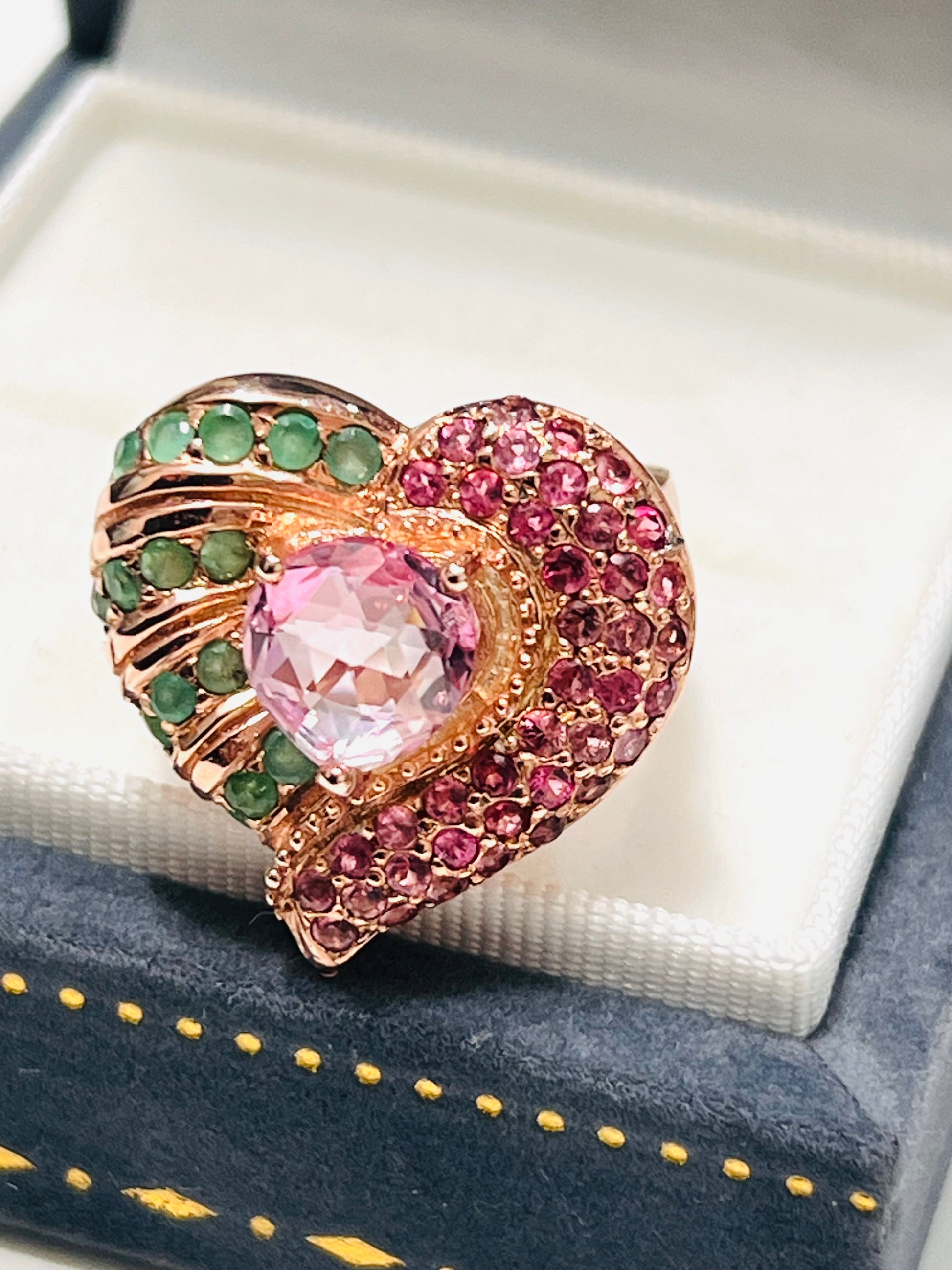 Handmade Heart Ring with Pink Tourmaline, Emerald & Ruby Accents