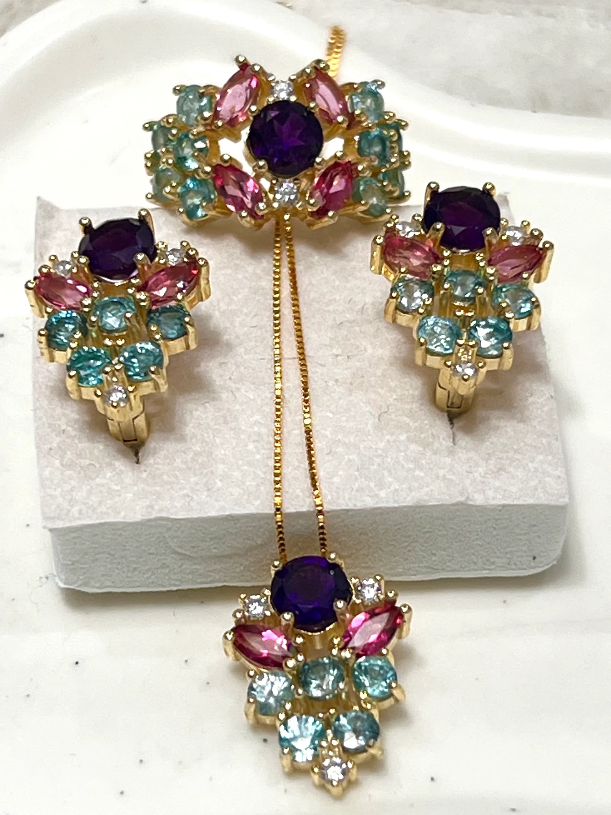 Handmade Amethyst, Paraíba Tourmaline & Pink Sapphire Jewelry Set – 18K Gold Plated Sterling Silver