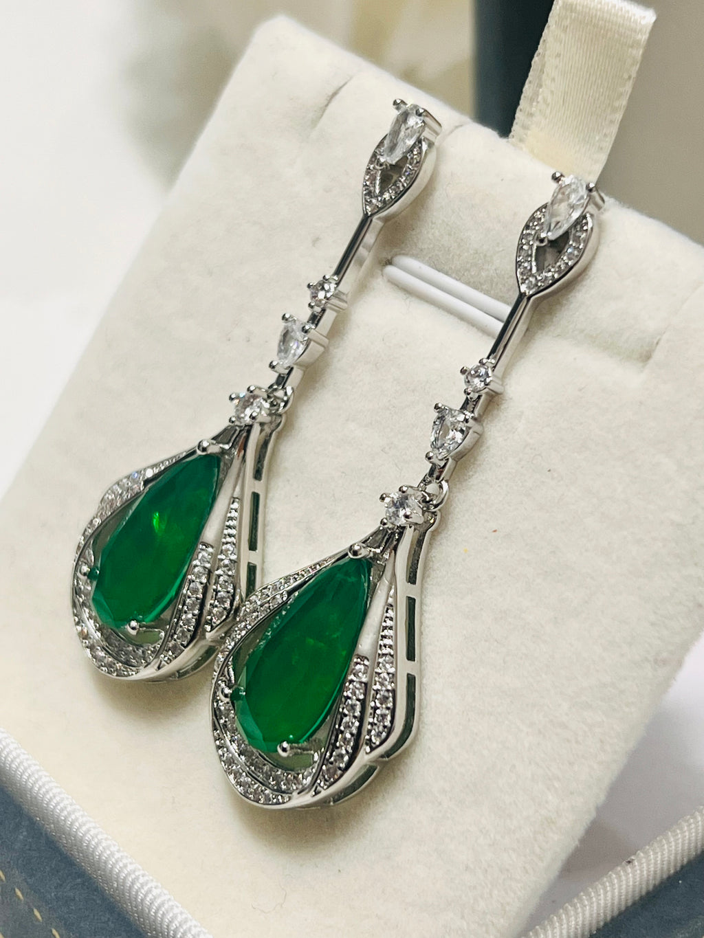 Stunning Long Sterling silver Emerald, Paraiba or Ruby Fancy statement Earrings (lab created)