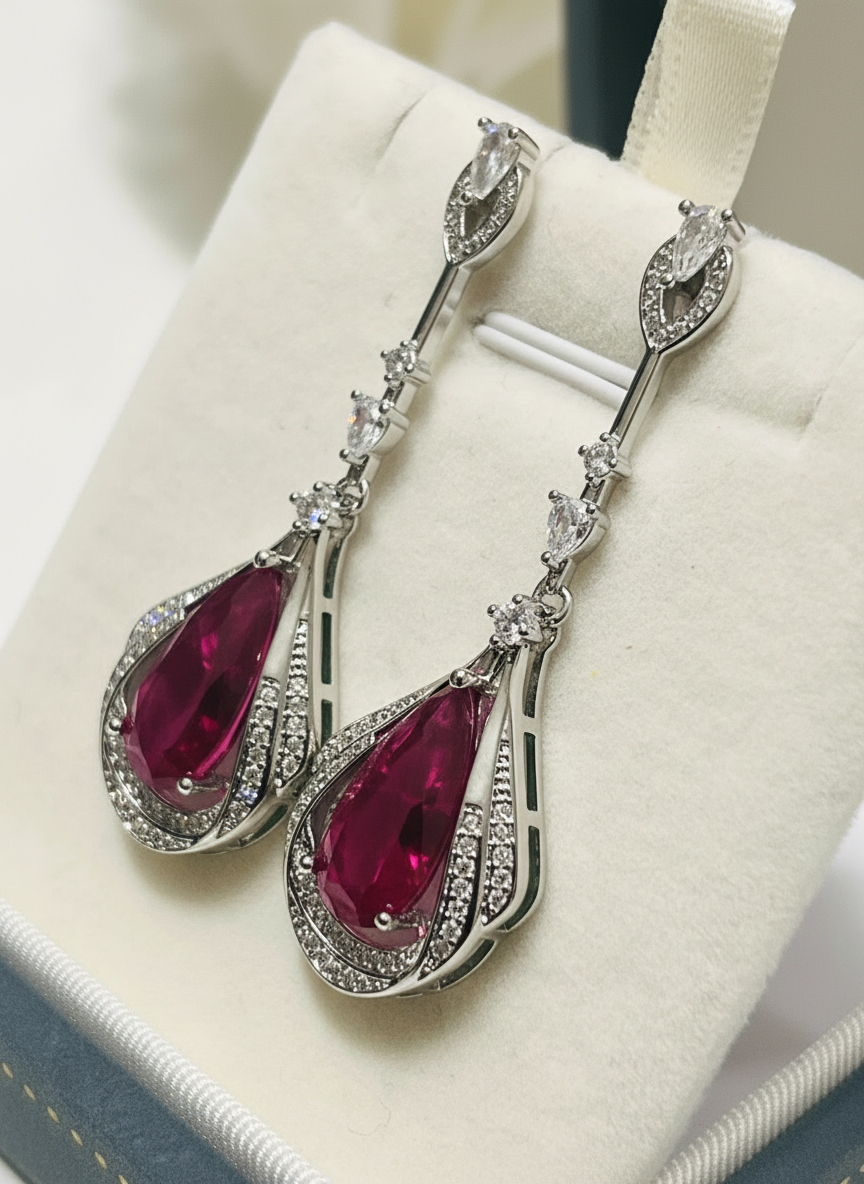 Stunning Long Sterling silver Emerald, Paraiba or Ruby Fancy statement Earrings (lab created)