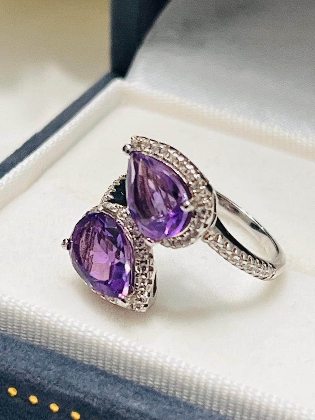 Handmade genuine Twin Amethyst Leaf Ring with White Topaz Accents
