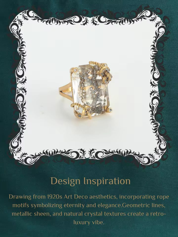 Vintage Inspired Emerald Cut Crystal Ring | Adjustable Gold Plated Brass Cocktail Ring for Women