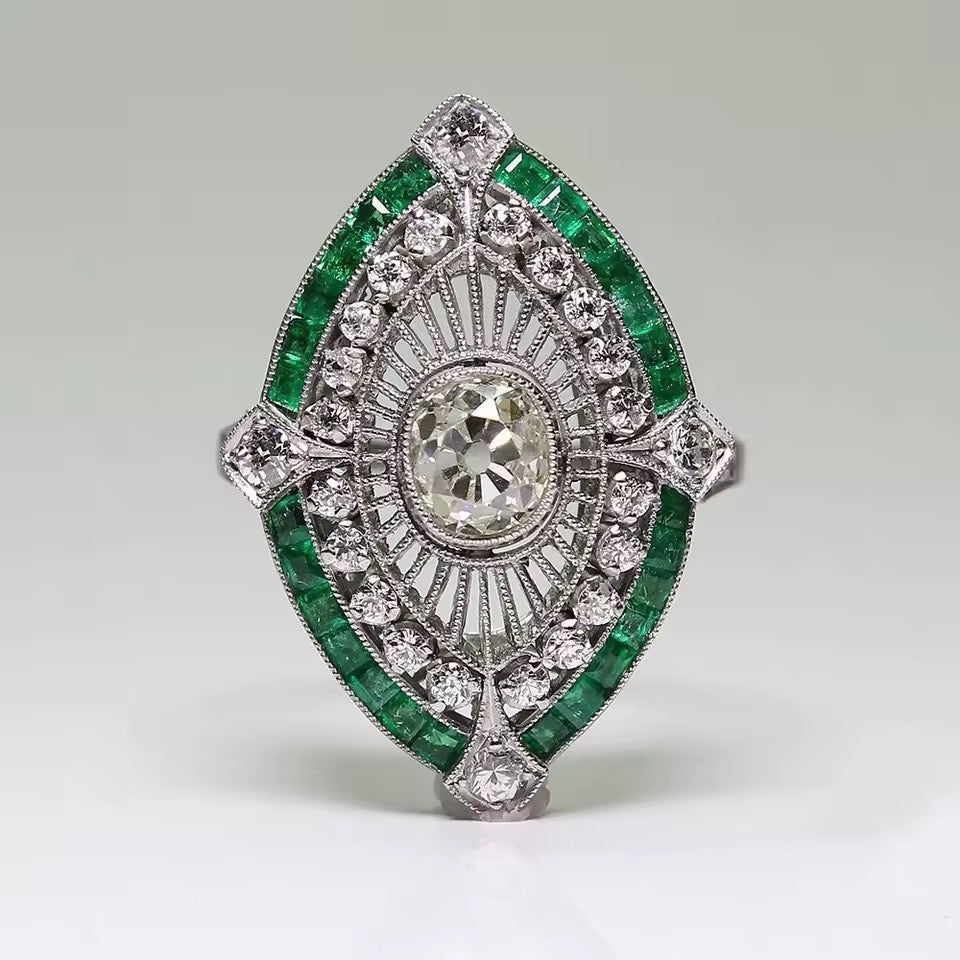 Art deco vintage inspired Ring with emerald and diamonds