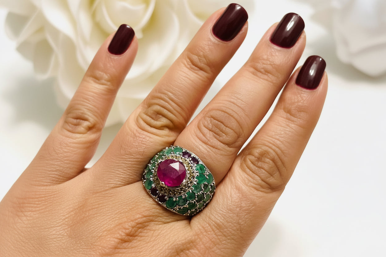Handmade Peacock Ring with genuine Rubies and Emerald