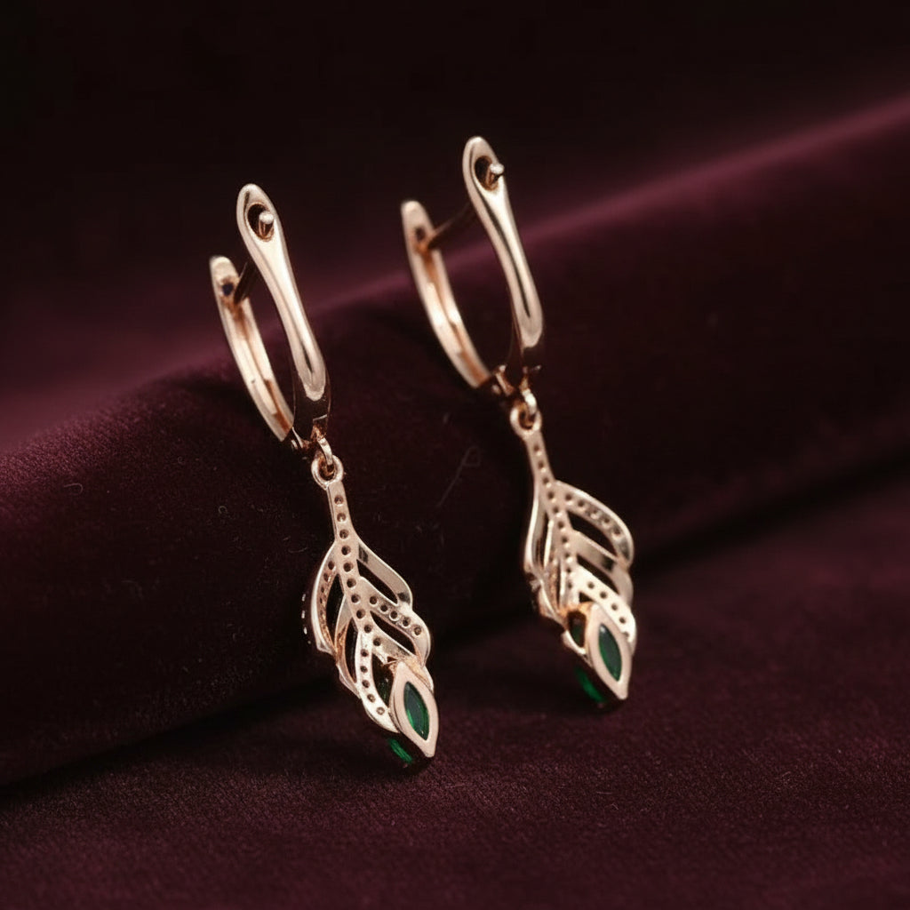 14k Rolled Gold Leaf Emerald Long Earrings