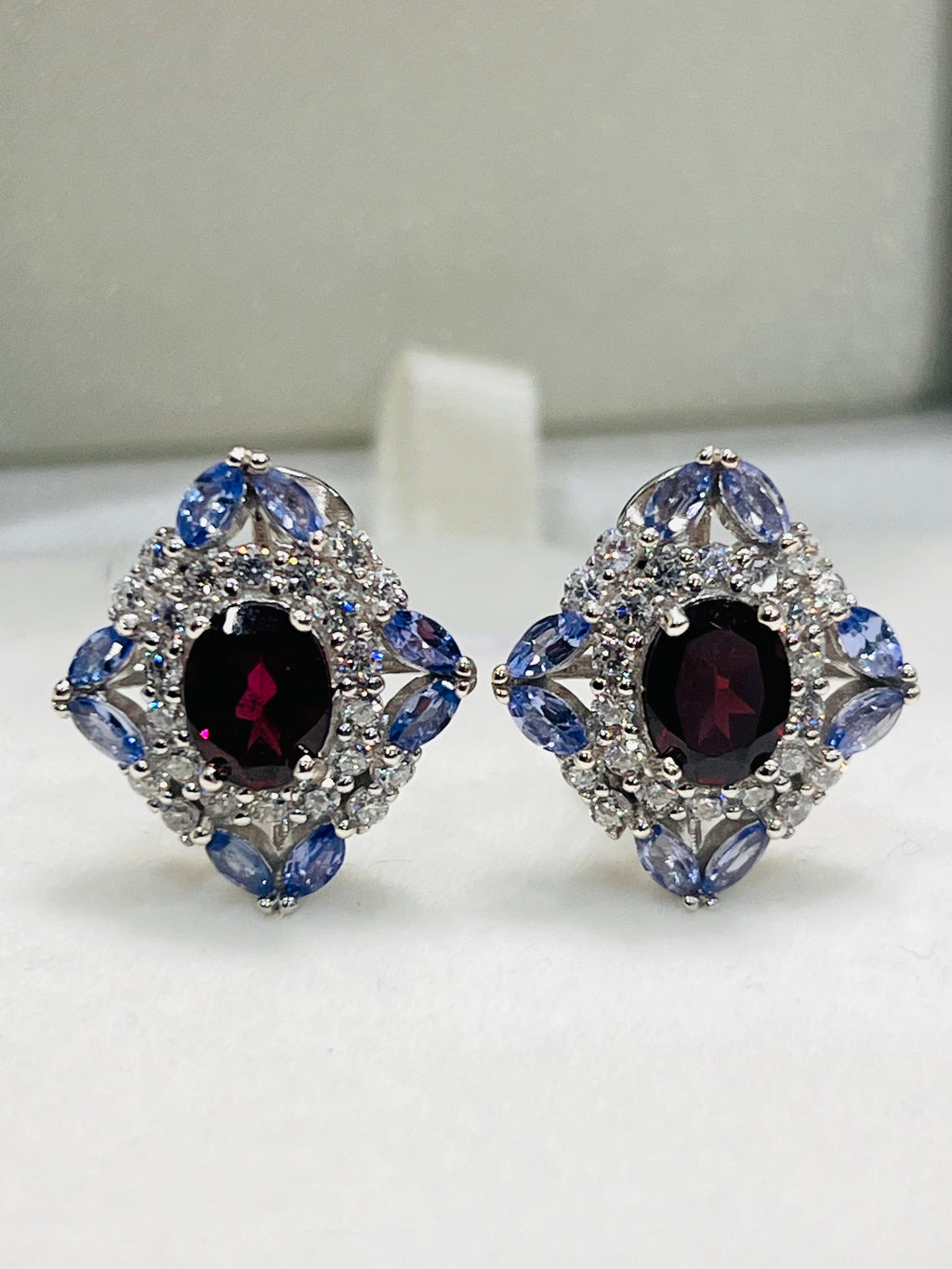 Handmade Natural Tanzanite and Garnet Omega Backs Earrings