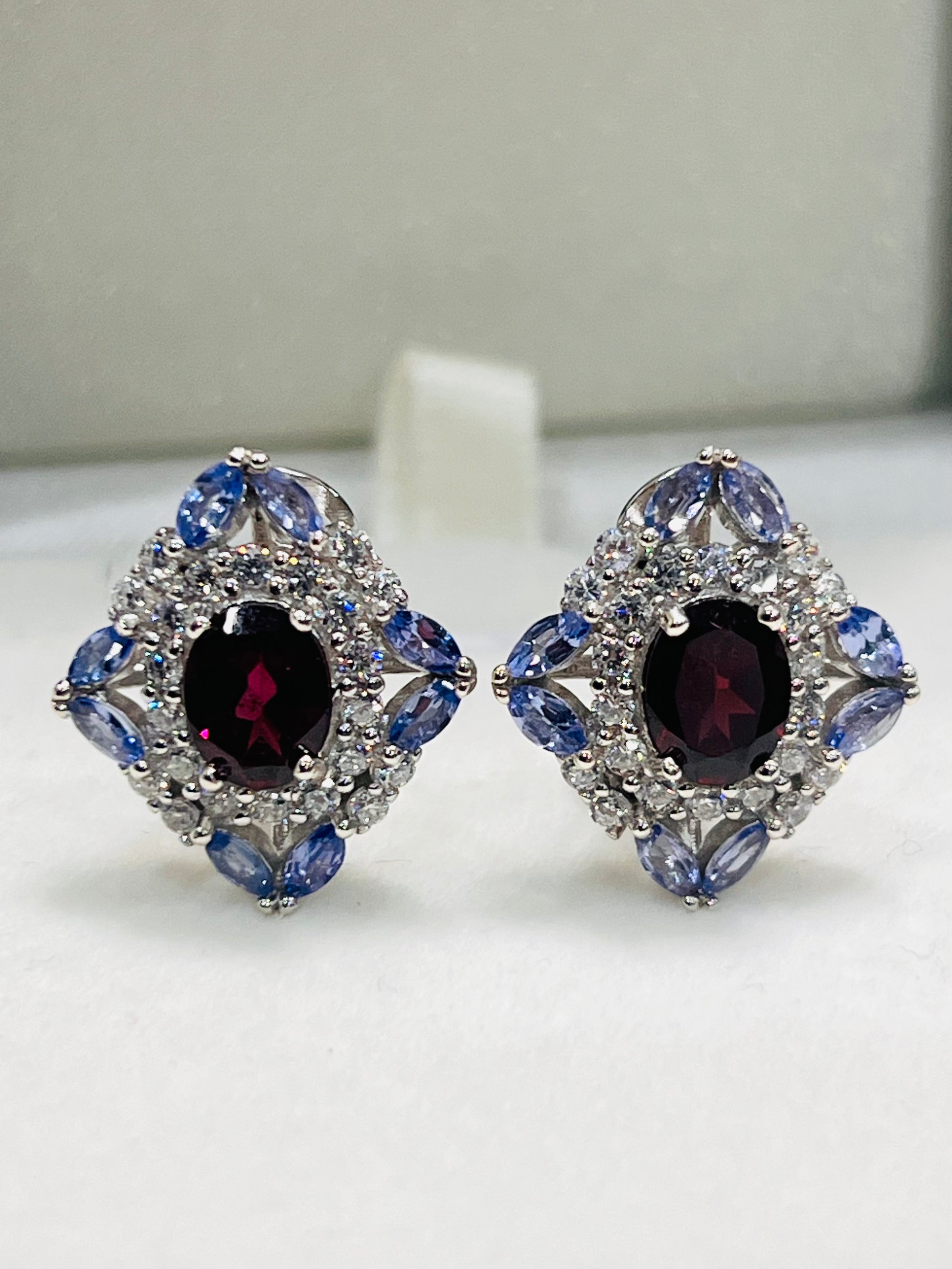 Handmade Natural Tanzanite and Garnet Omega Backs Earrings