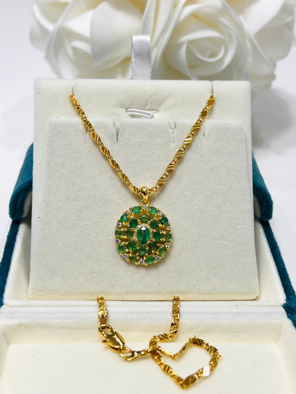 Natural Emerald Flower Cluster Pendant – 18K Gold Vermeil Sterling Silver